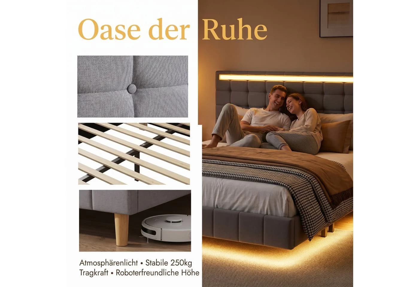 Simurq Polsterbett 160x200 mit LED-Beleuchtung und USB-Anschlüssen Beige/Grau