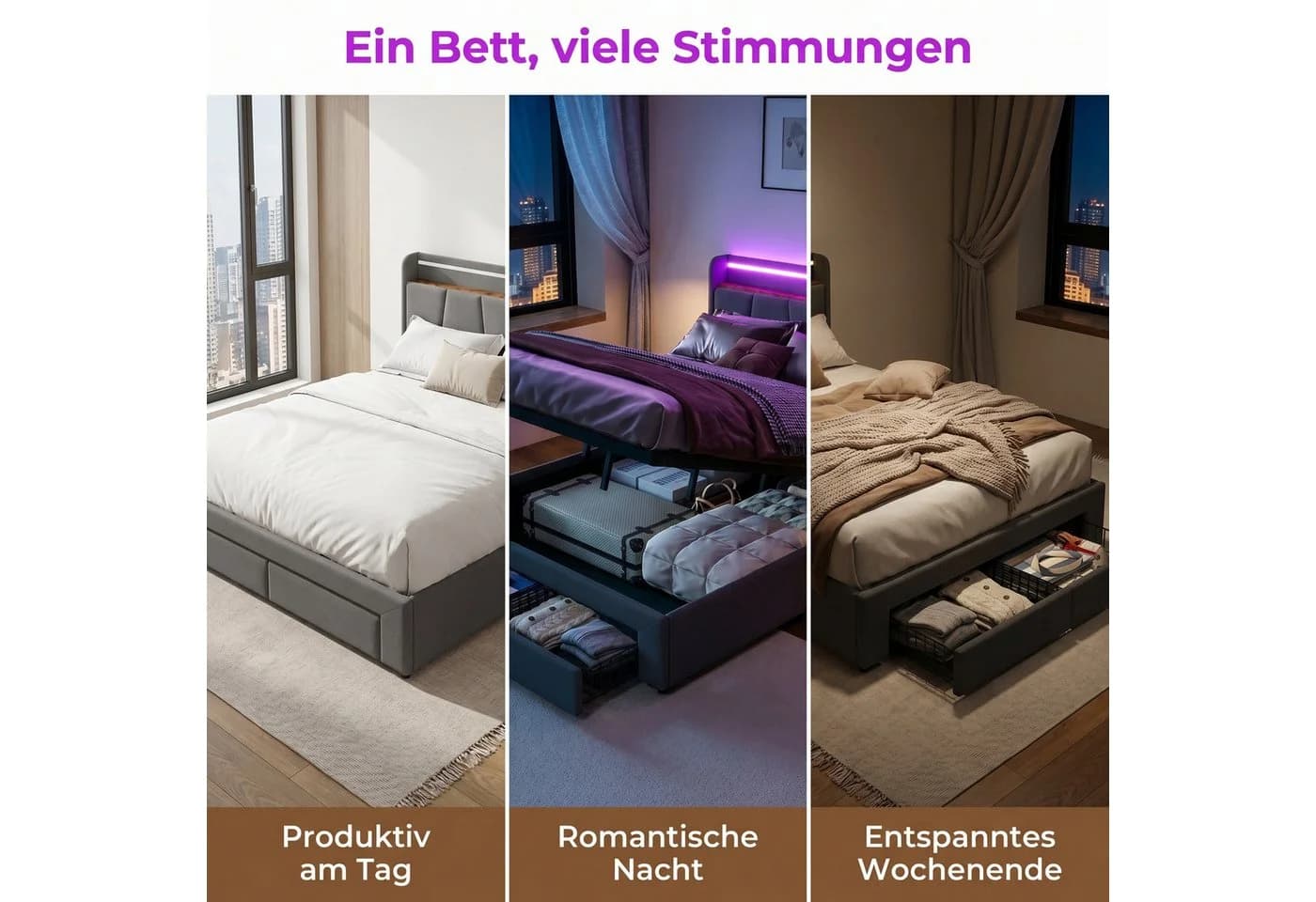 Furnishings Home Polsterbett 140x200 cm mit LED, Stauraum & Lattenrost Grau