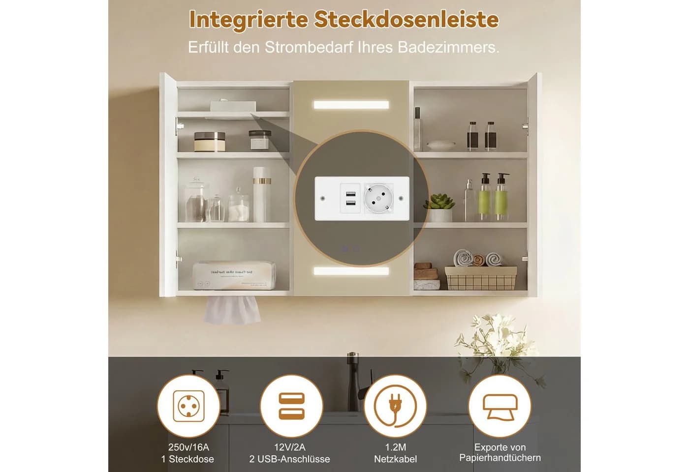 Furnishings Home Spiegelschrank mit LED-Beleuchtung und Steckdosen Weiß