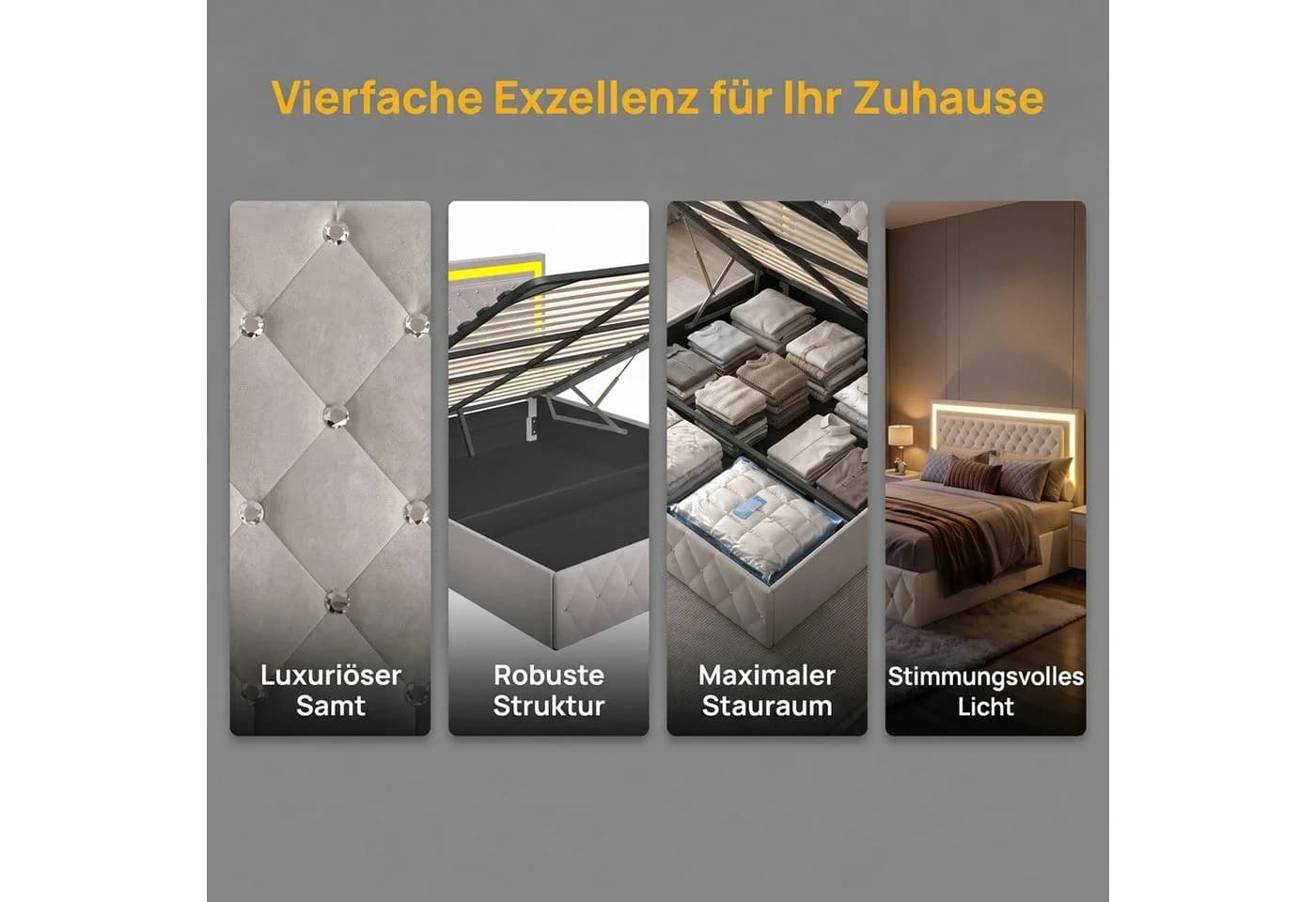 NMCXXO Polsterbett Beige mit LED und Bettkasten