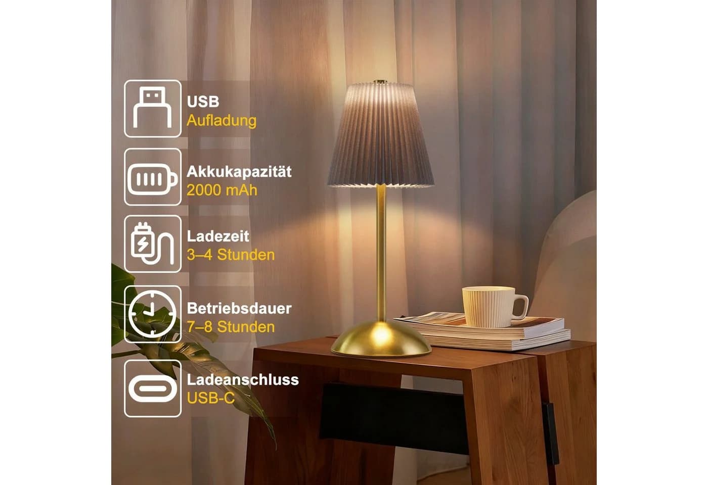 ZMH LED Tischleuchte 2er-Set Kabellos Touch Dimmbar