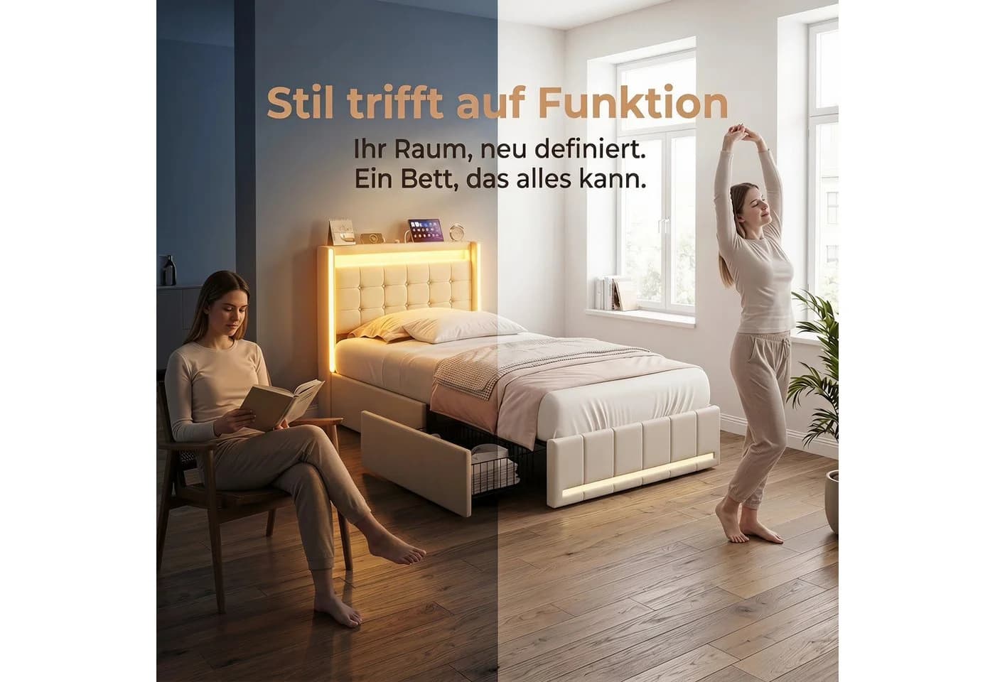 PXloue Polsterbett mit LED, 4 Schubladen und Lattenrost Beige