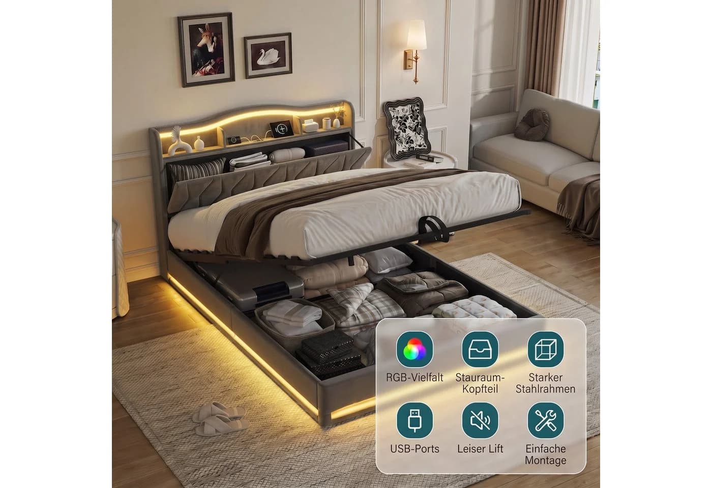 Gdood LED Polsterbett Grau mit Bettkasten und USB-Ladefunktion