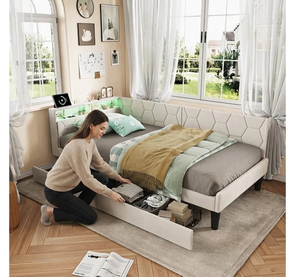 PXloue Polsterbett mit LED, Samt, Ausziehbett beige
