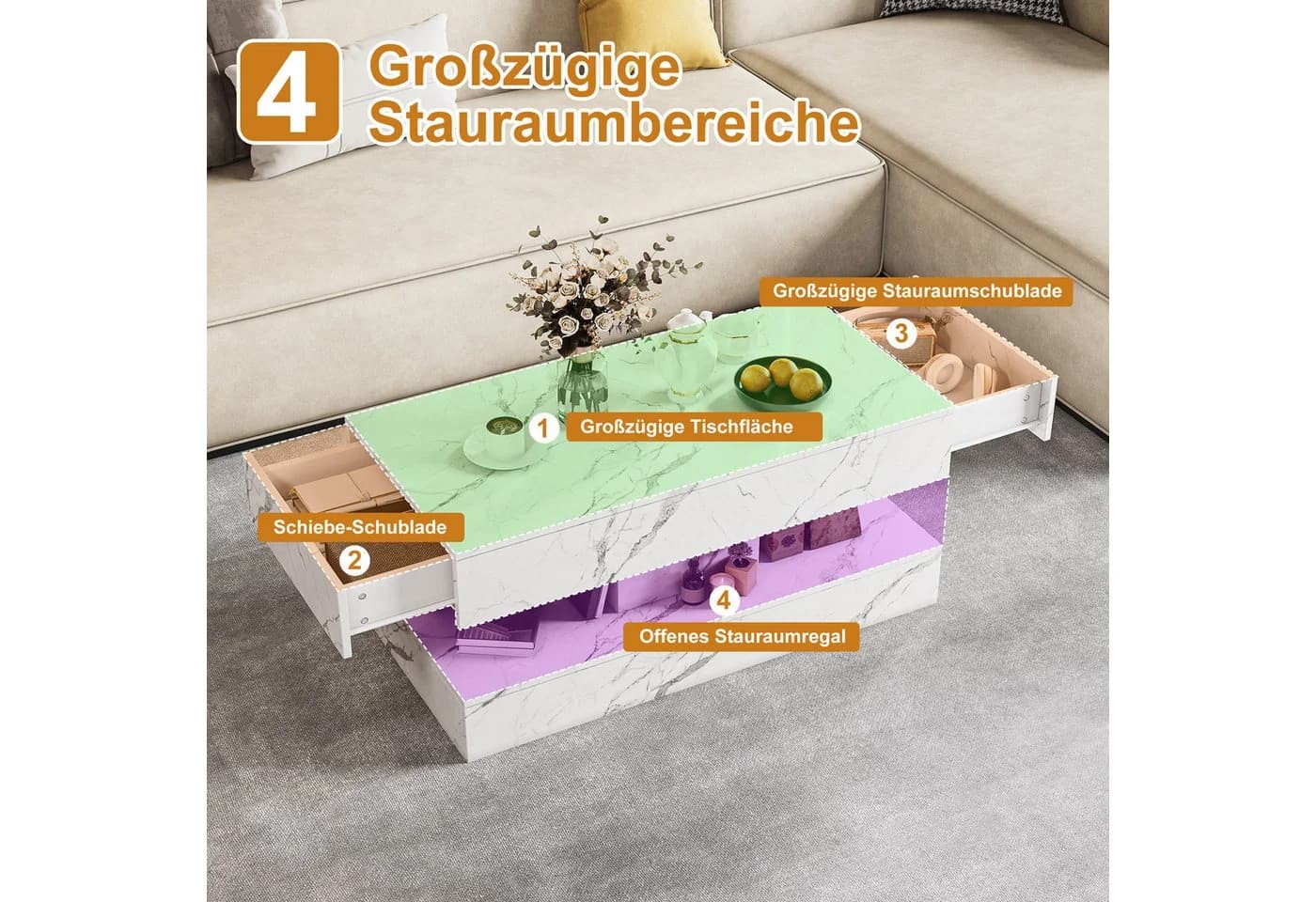 Gdood Couchtisch mit LED-Beleuchtung und Stauraum