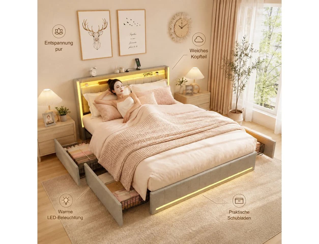 Simurq Polsterbett Beige LED-Kopfteil 4 Schubladen USB