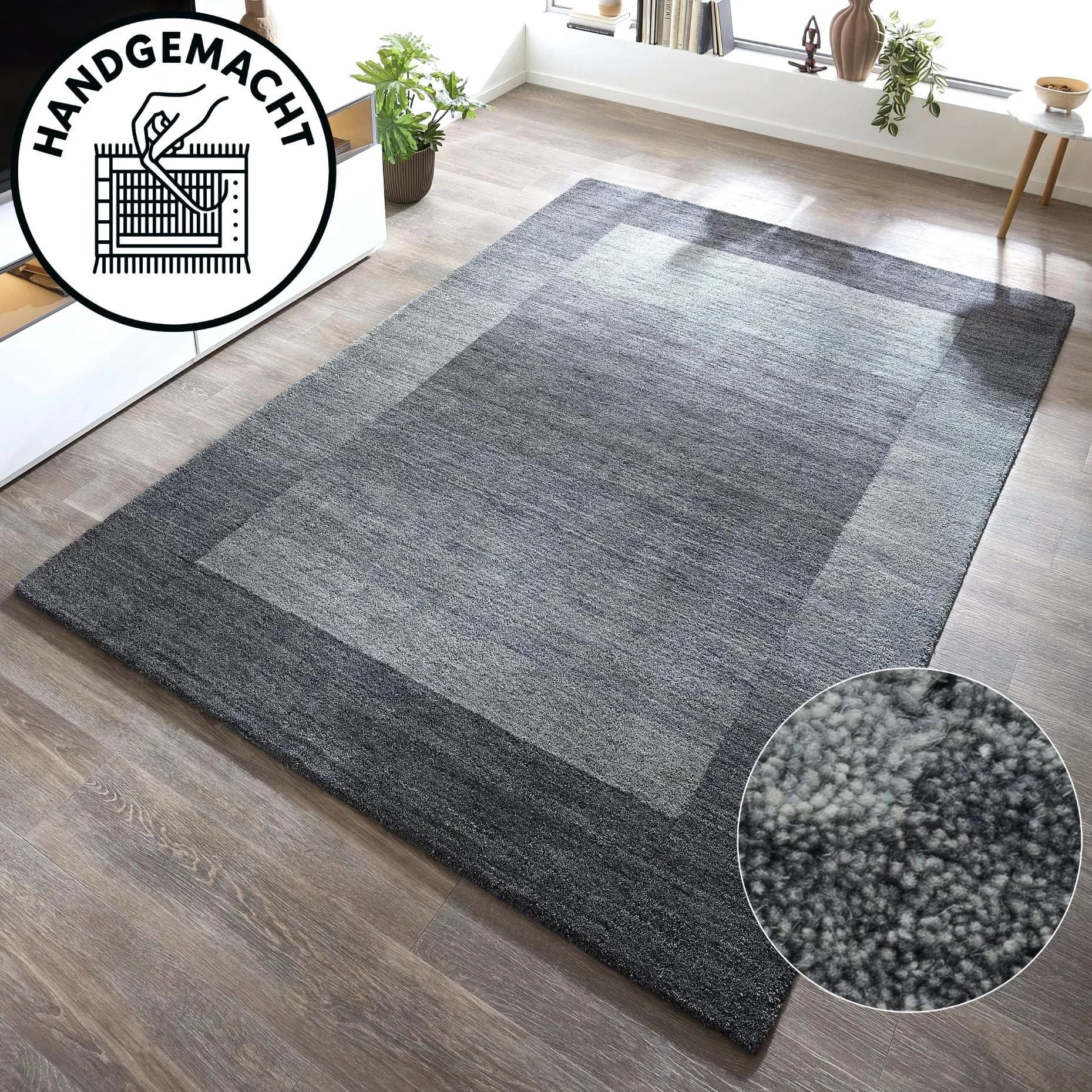 THEKO Gabbeh Super Wollteppich Grau-Blau Handgewebt Meliert