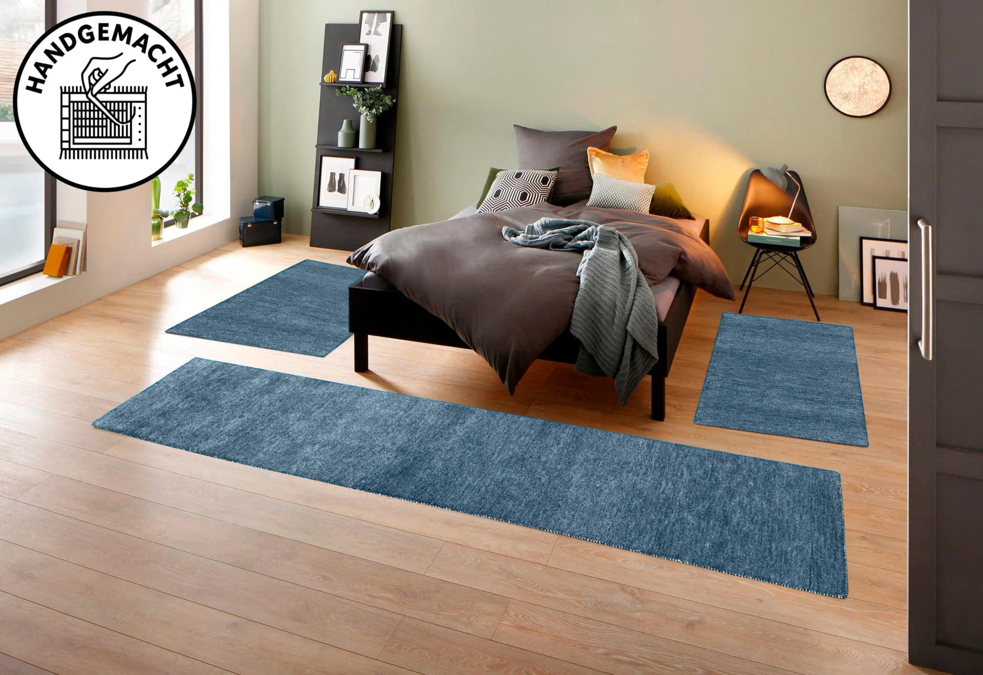 THEKO Gabbeh Uni Bettumrandung Grau-Blau Handgewebt 100% Wolle