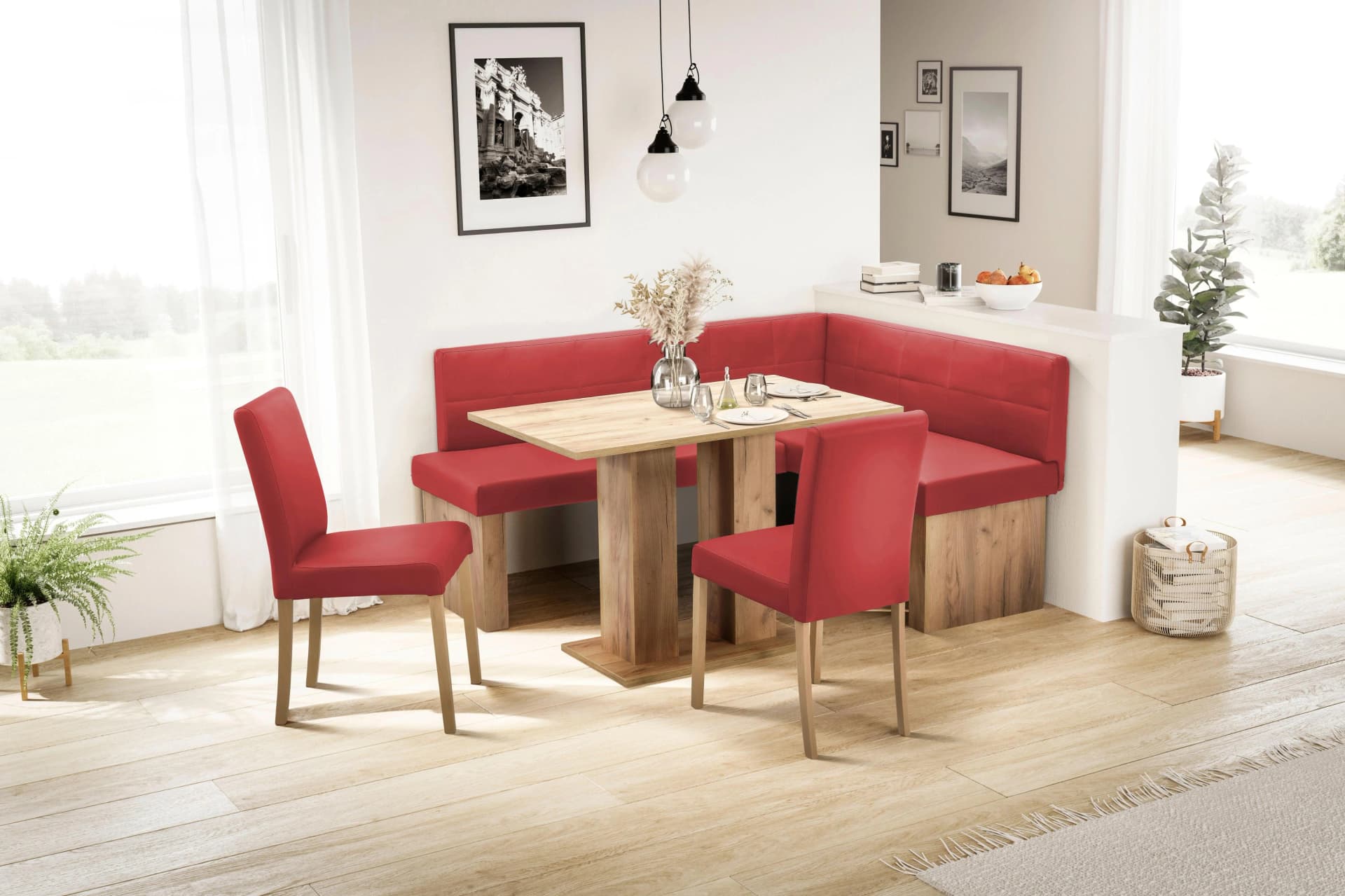 Eckbank Anna 2 Rot Holzwerkstoff Golden Oak