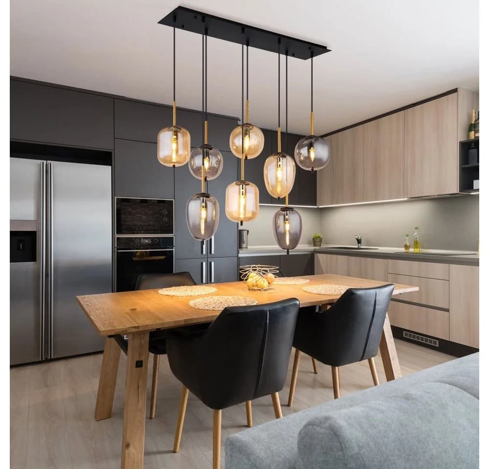 GLOBO LIGHTING Pendelleuchte 8-flammig Messing-matt Amber-Glas