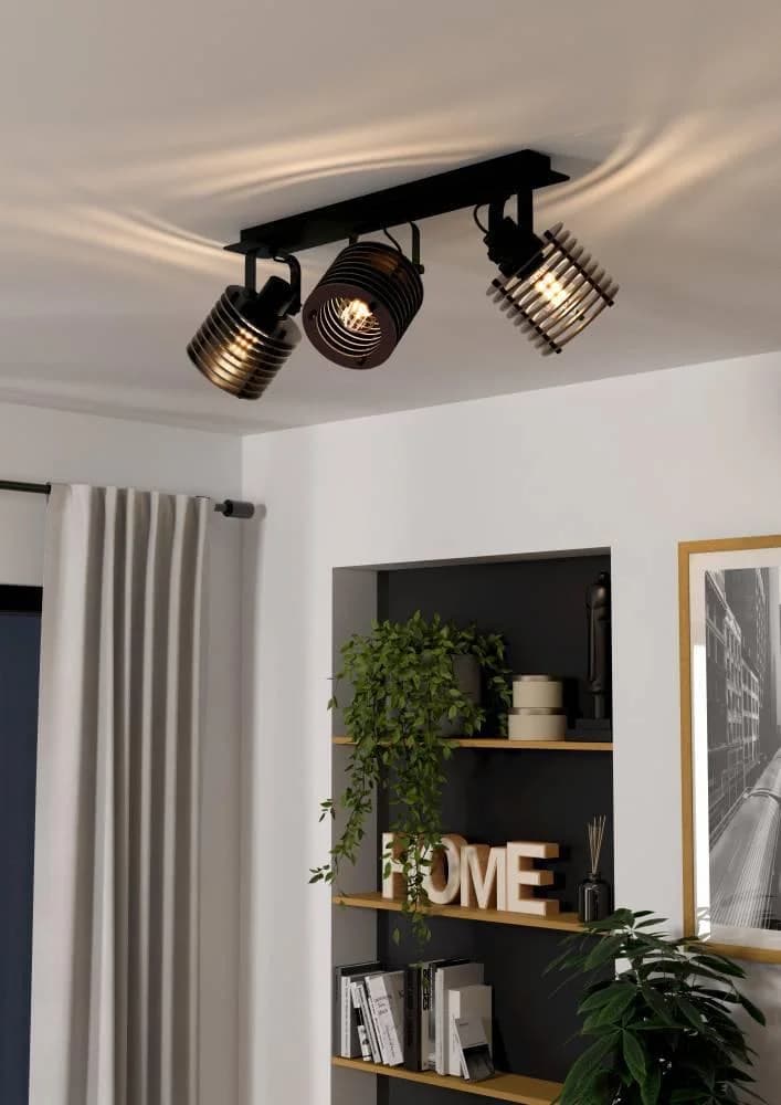 Moderne Deckenleuchte aus Metall und Holz in Schwarz