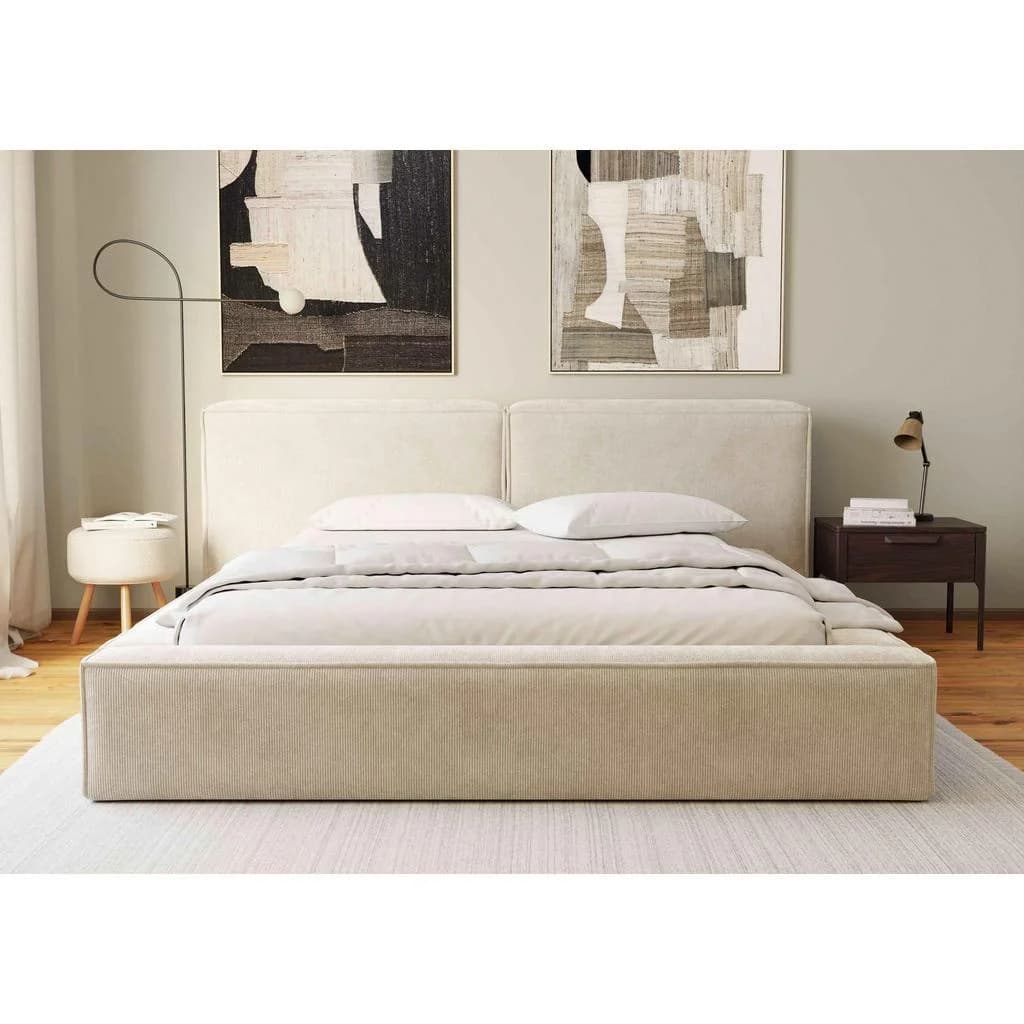 Boxxx Polsterbett Beige mit Bettkasten und gepolstertem Kopfteil