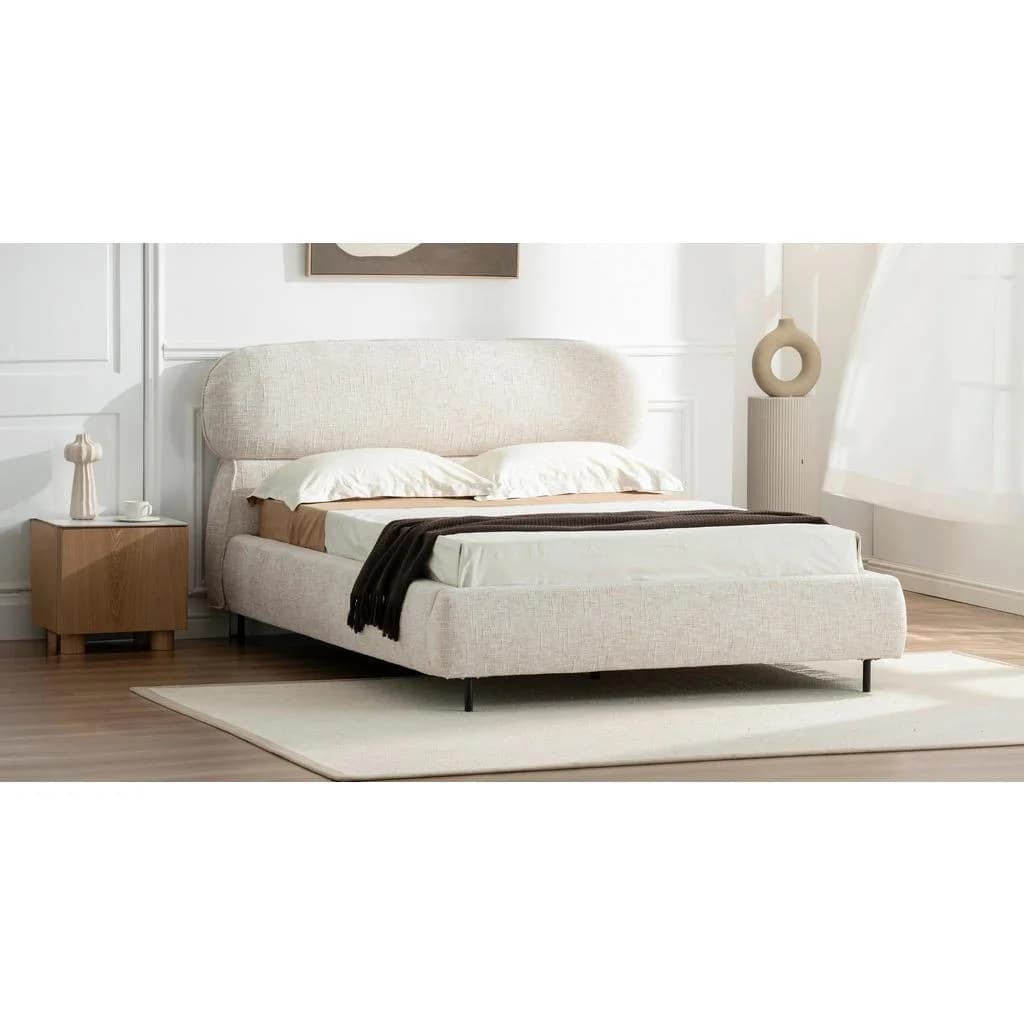 Boxxx Polsterbett Beige mit Lattenrost und Holz-Kopfteil