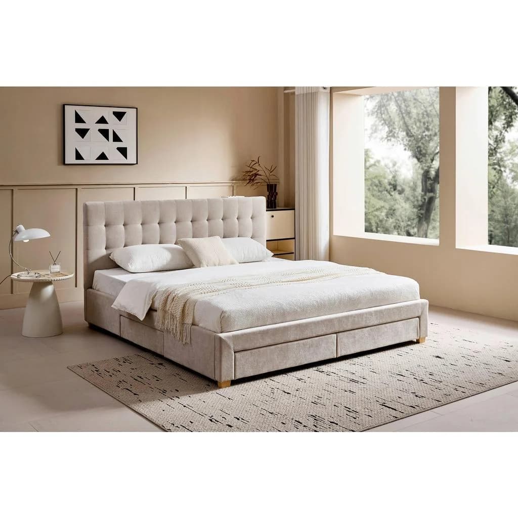 Boxxx Polsterbett Beige Massivholz 180x200 cm mit Schubkästen