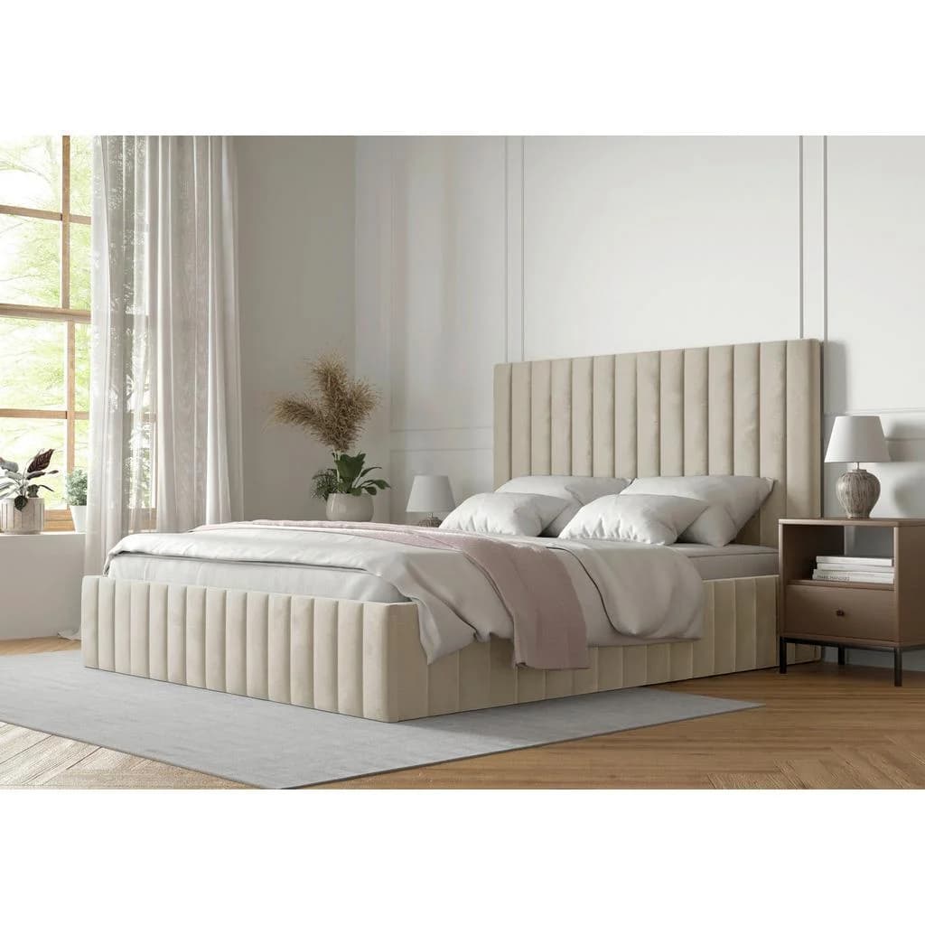 Boxxx Polsterbett Beige mit Bettkasten und gepolstertem Kopfteil