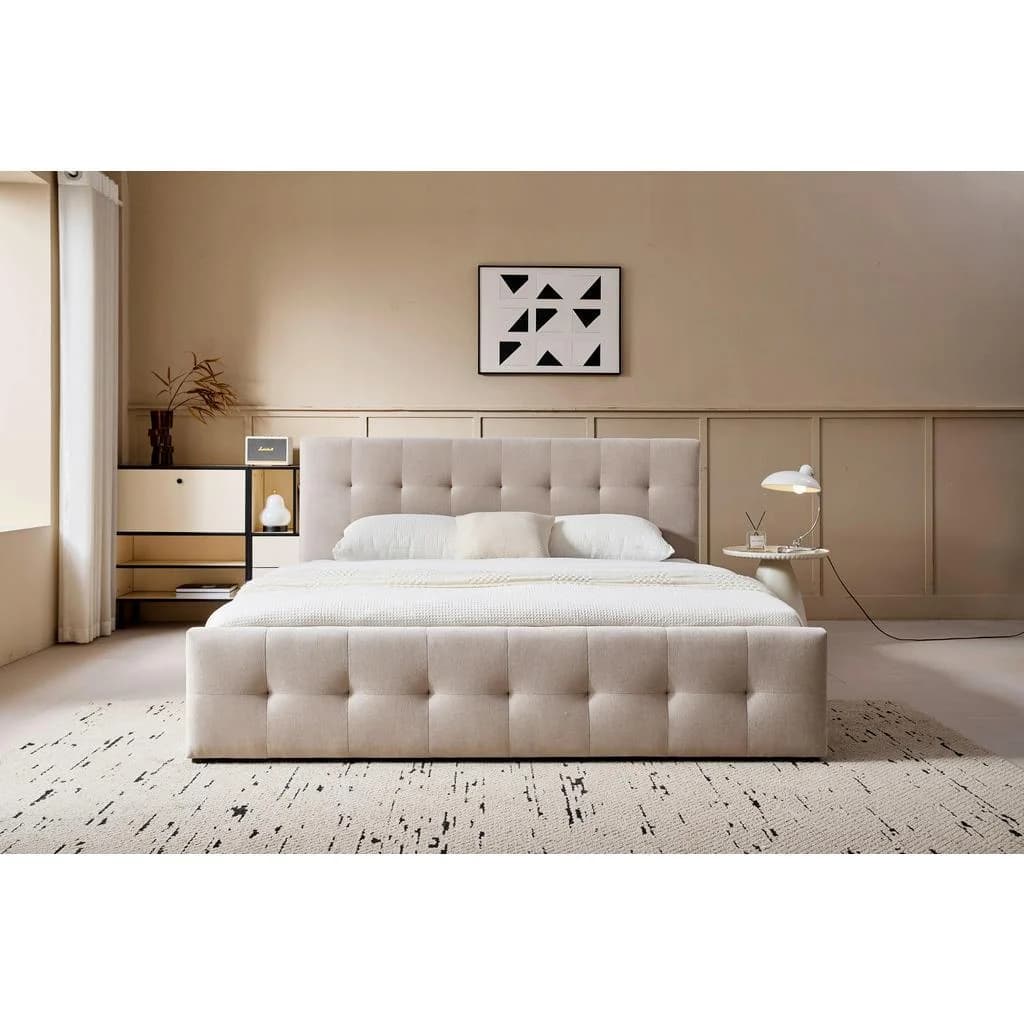 Boxxx Polsterbett Beige mit Bettkasten und gepolstertem Kopfteil