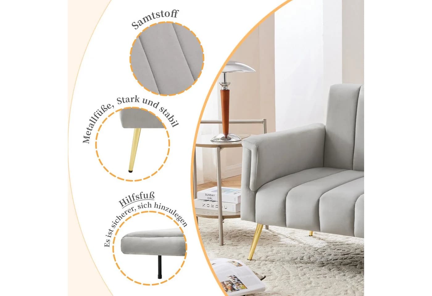 i@home Schlafsofa mit Samtbezug und 5-stufiger Verstellung Grau/Schwarz/Beige