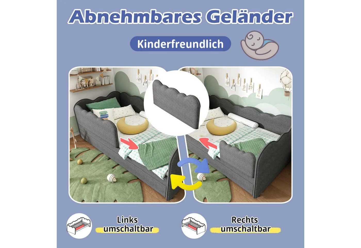 i@home Kinderbett mit Ausziehbett, Tagesbett Sofa Bett mit Lattenrost, 90x190cm