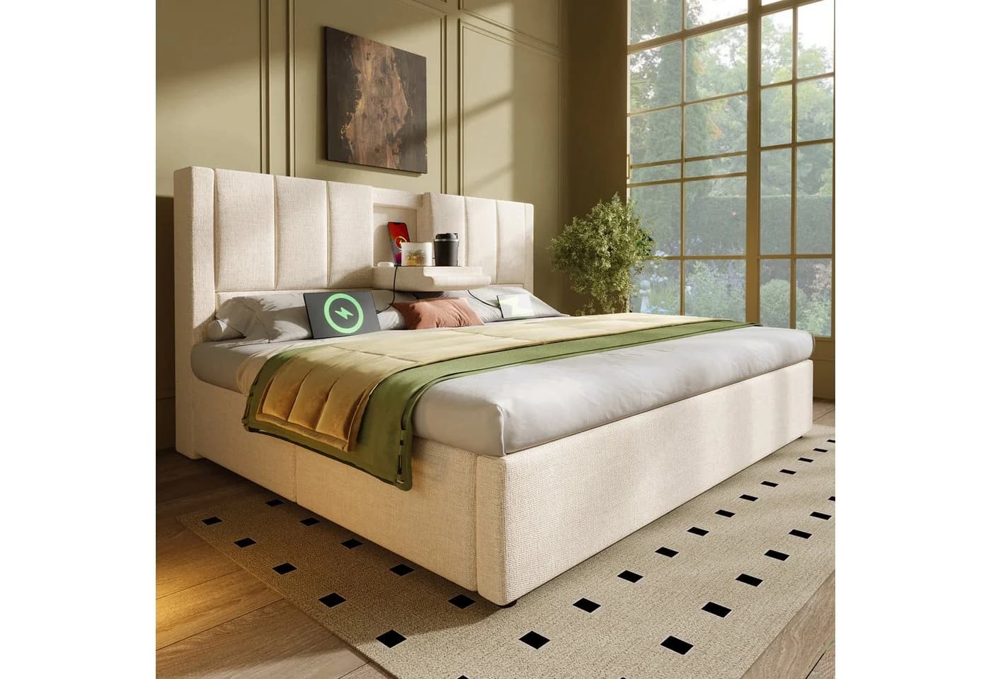 i@home Polsterbett 160x200 Beige mit Stauraum & Ladestation