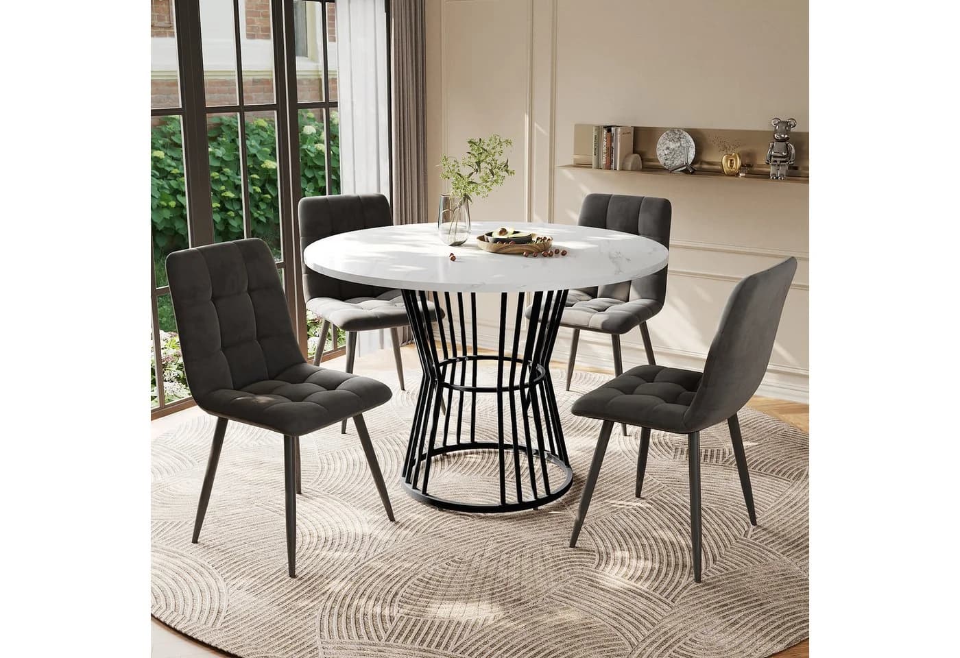 i@home Essgruppe Küchentisch-Set 5-teilig mit 4 Stühlen, 100 cm Durchmesser, Marmor-Optik