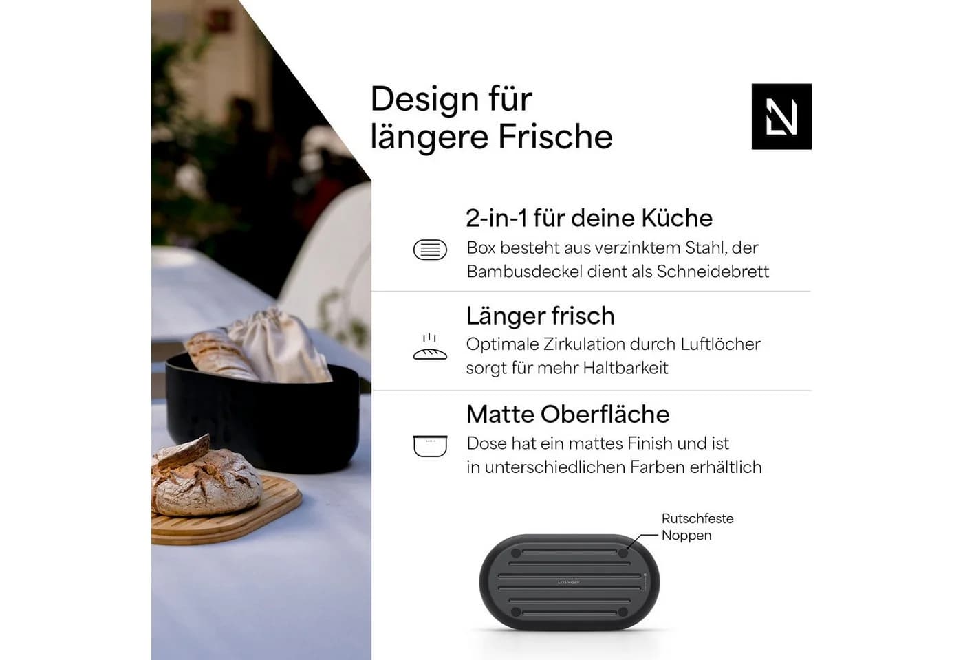 LARS NYSØM Brotkasten Ægte mit Schneidebrett-Deckel und Anti-Rutsch-Noppen