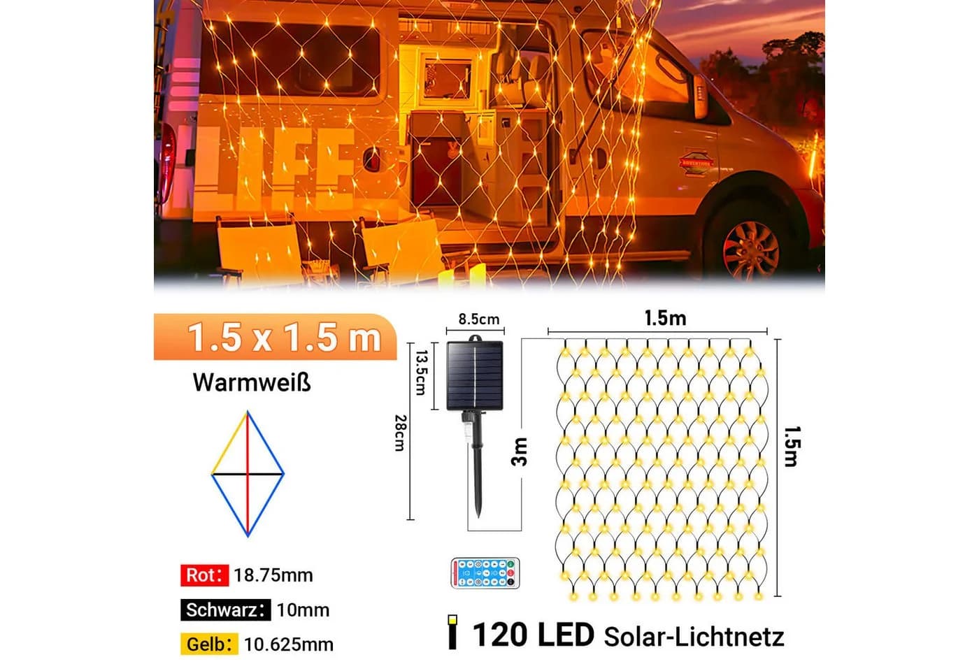Clanmacy LED-Lichternetz Solar mit 8 Modi und Fernbedienung