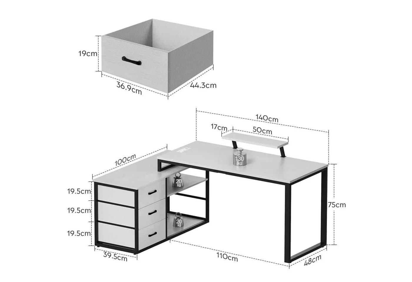 Furnicopia Eckschreibtisch 140cm mit Monitorarm, Computertisch mit drehbarer Tischplatte