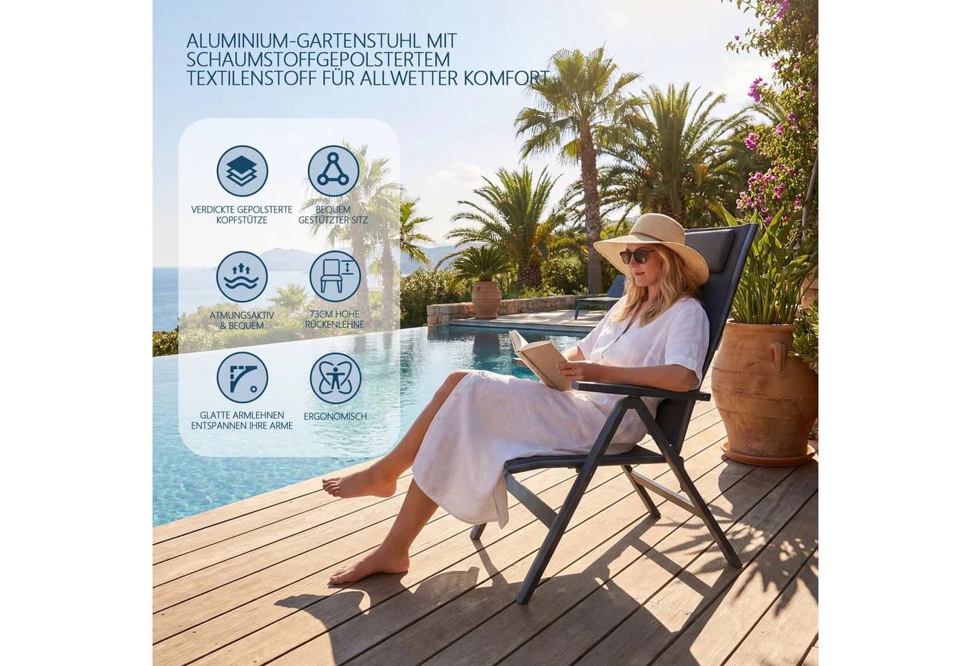 Furnicopia Faltbarer Gartenstuhl Hochlehner Aluminium 7-fach verstellbar