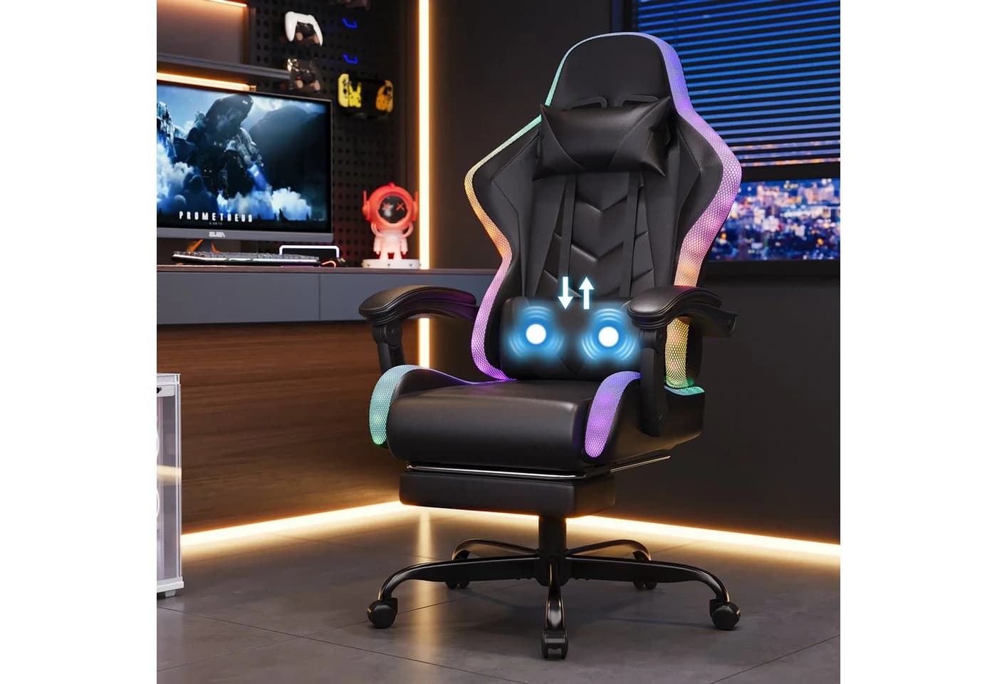 HOMALL Gaming-Stuhl mit LED, Massage & Fußstütze - Schwarz