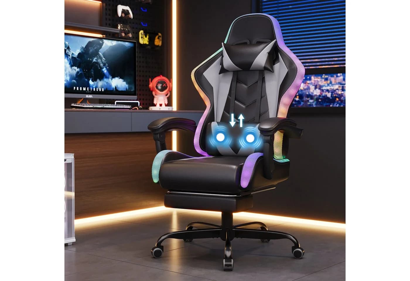 HOMALL Gaming-Stuhl mit LED, Ergonomisch, Fußstütze, Massage