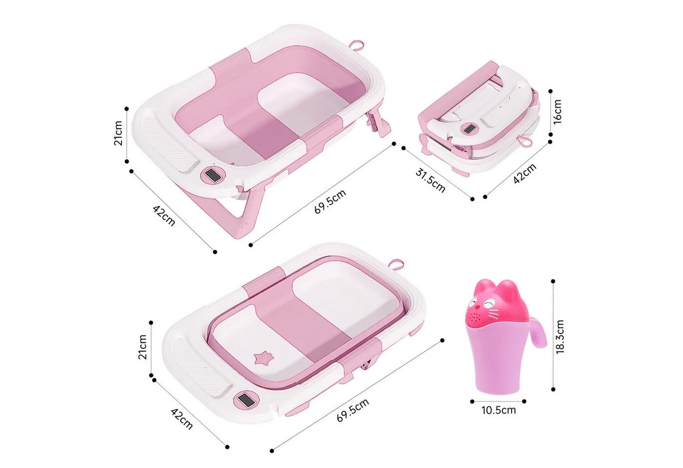 SEHAUSEU Faltbare Babybadewanne mit Thermometer und Haarwaschbecher Grün/Rosa