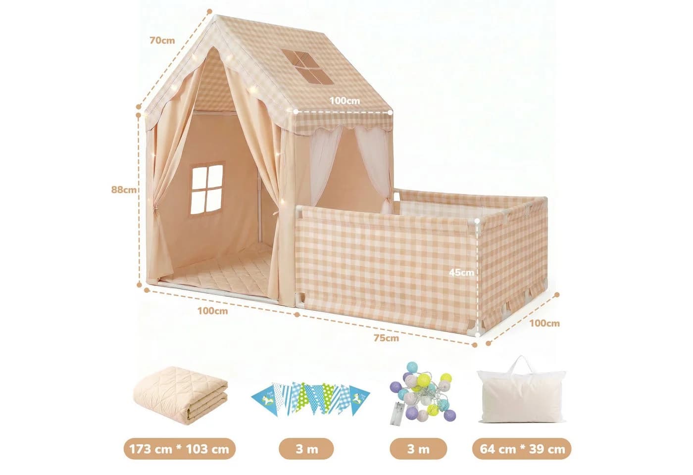 SEHAUSEU Spielzelt Kinderzelt mit Bodenmatte und Lichterkette Rosa/Braun