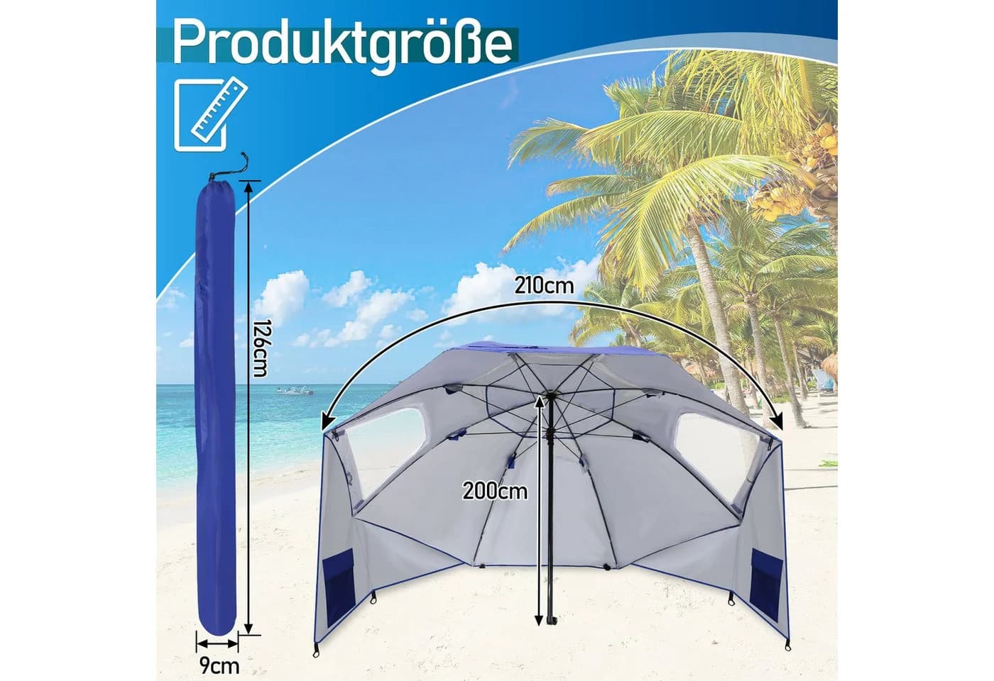Clanmacy Sonnenschirm 210cm UV 50+ Neigbar Blau mit Erdspieß