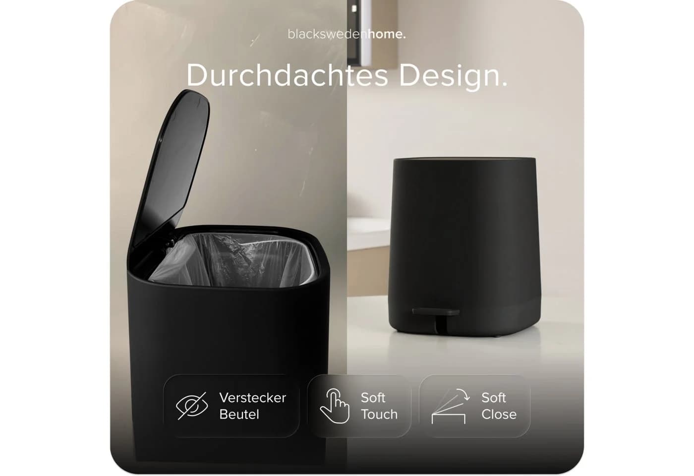 blackswedenhome Mülleimer Bad 5L Schwarz Softclose