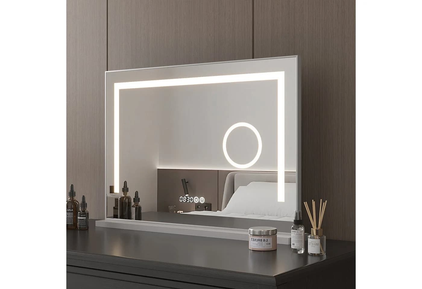 AQUALAVOS LED Schminkspiegel mit 3-fach Vergrößerung und Digitaler Uhr