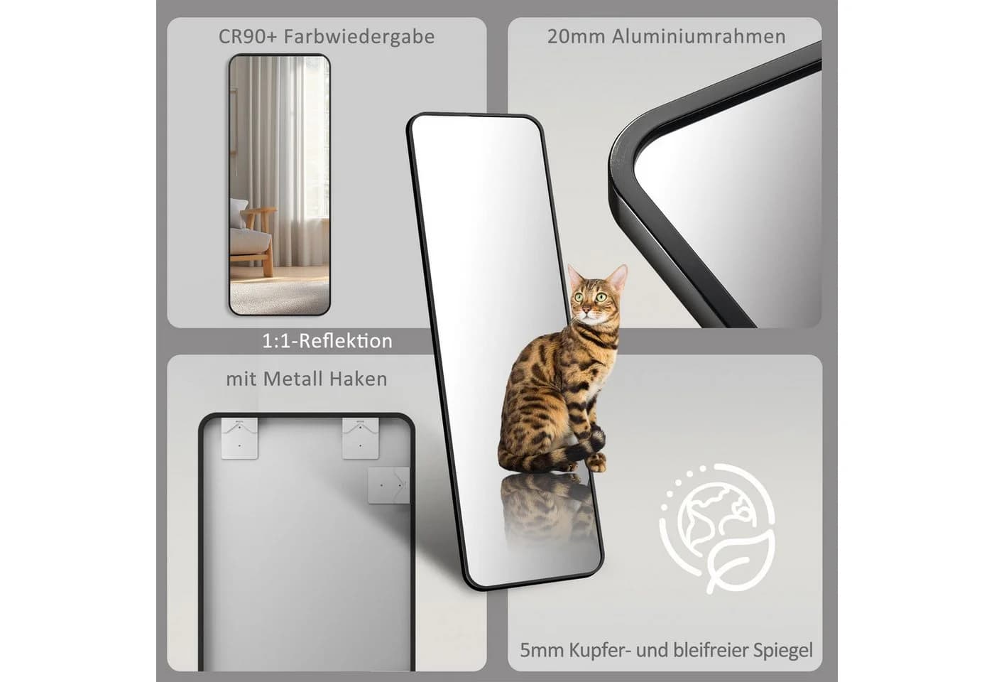 BOROMAL Ganzkörperspiegel Schwarz mit Aluminiumrahmen