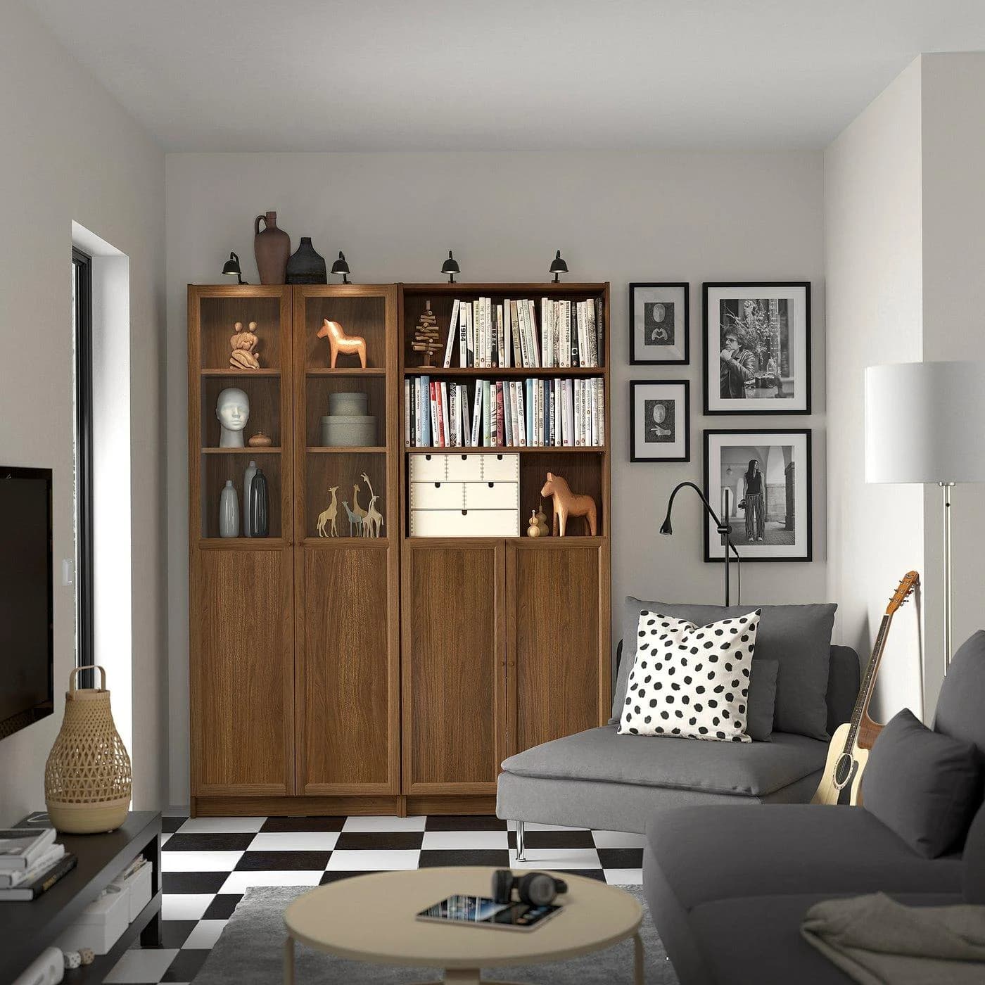 IKEA BILLY Bücherregal mit OXBERG Türen Braun Nussbaum/Klarglas