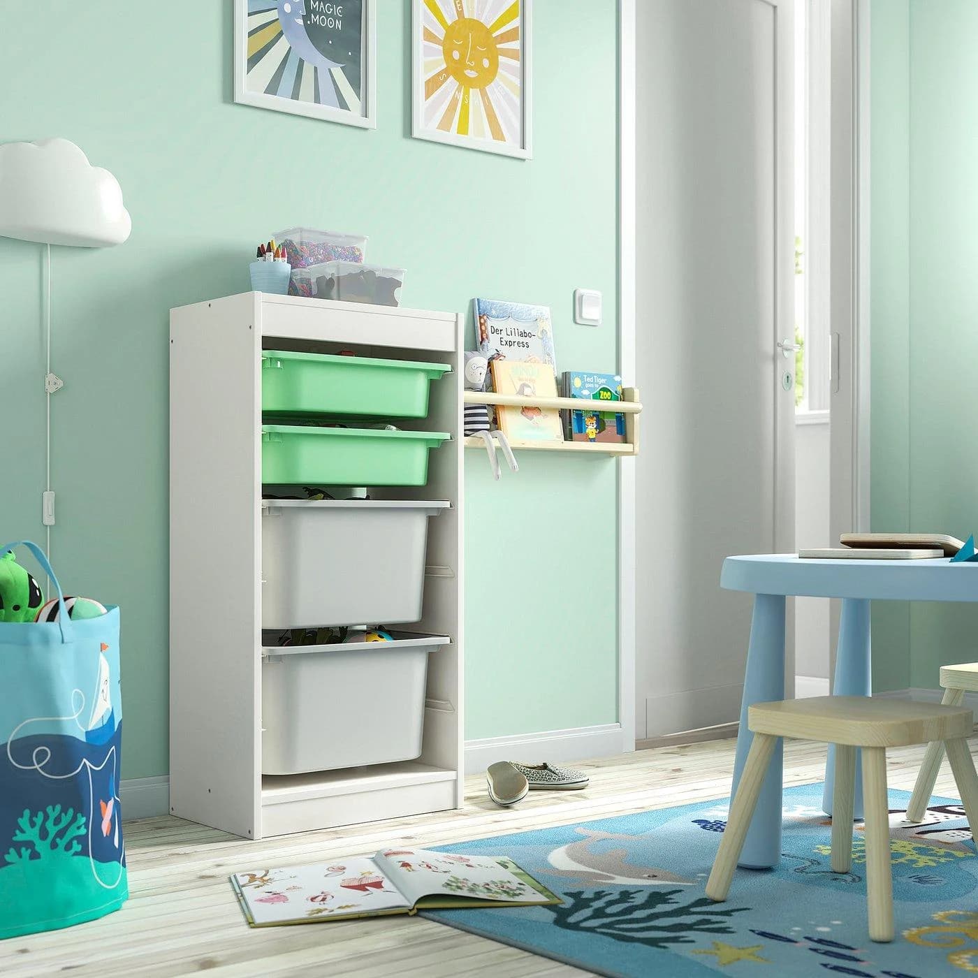 IKEA TROFAST Aufbewahrung mit Boxen Hellgrün/Weiß/Grau