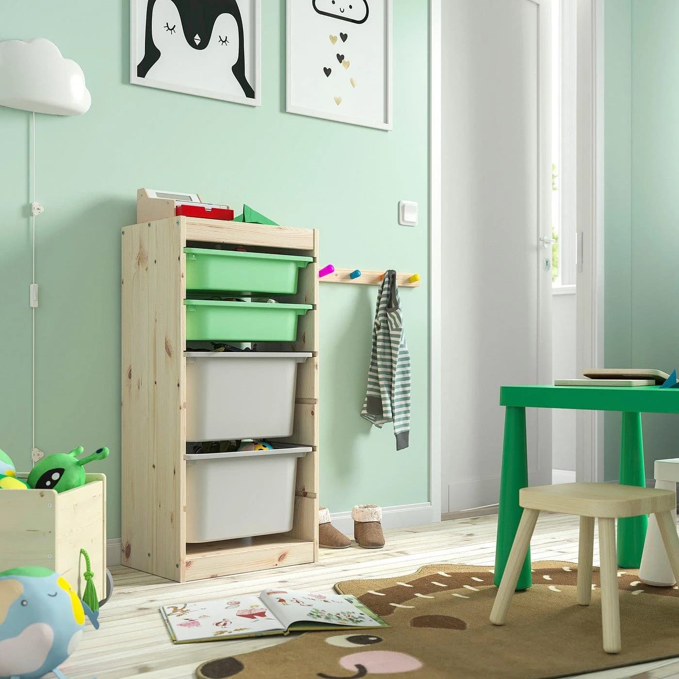 IKEA TROFAST Aufbewahrung mit Boxen Hellgrün/Weiß/Grau