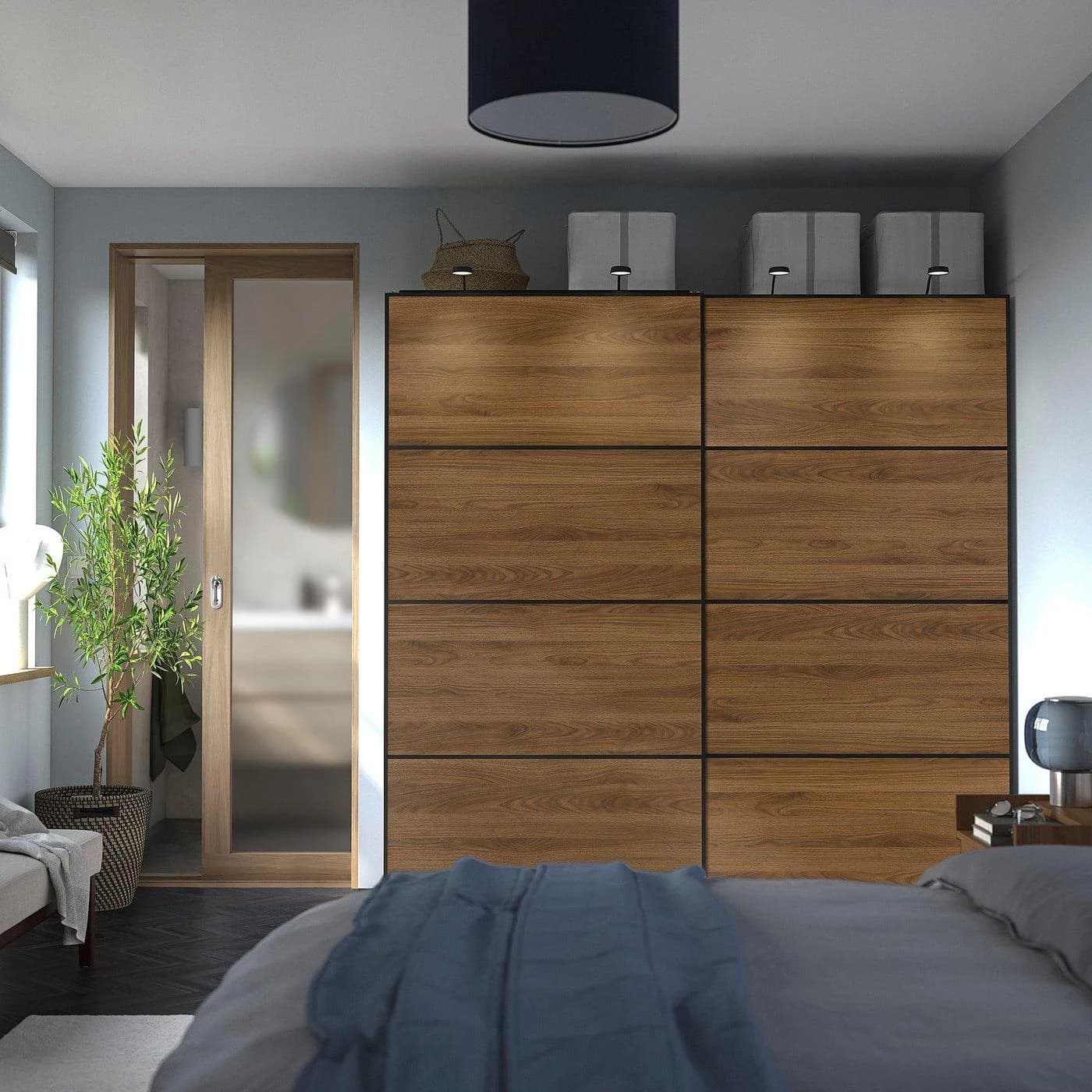IKEA PAX / MEHAMN Kleiderschrank mit Schiebetüren Nussbaum Schwarz Grau