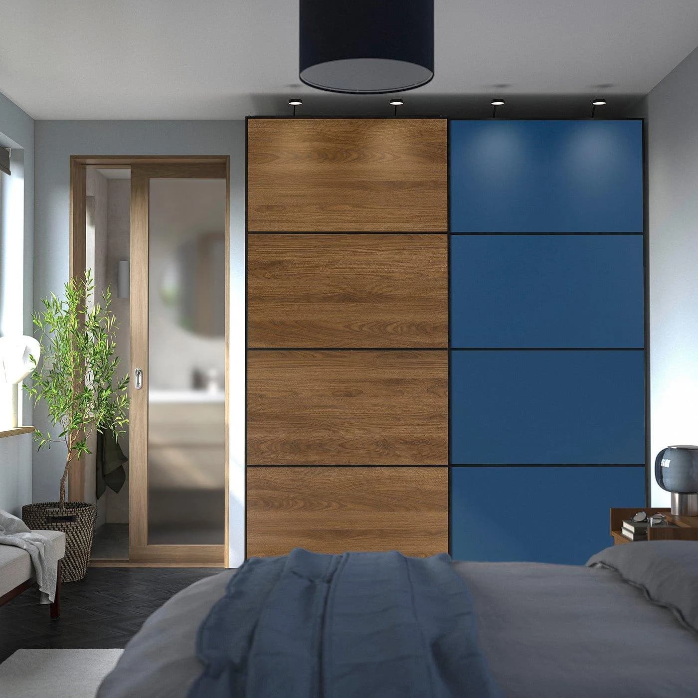 IKEA PAX MEHAMN/AULI Kleiderschrank mit Schiebetüren Dunkelgrau Schwarz Nussbaum