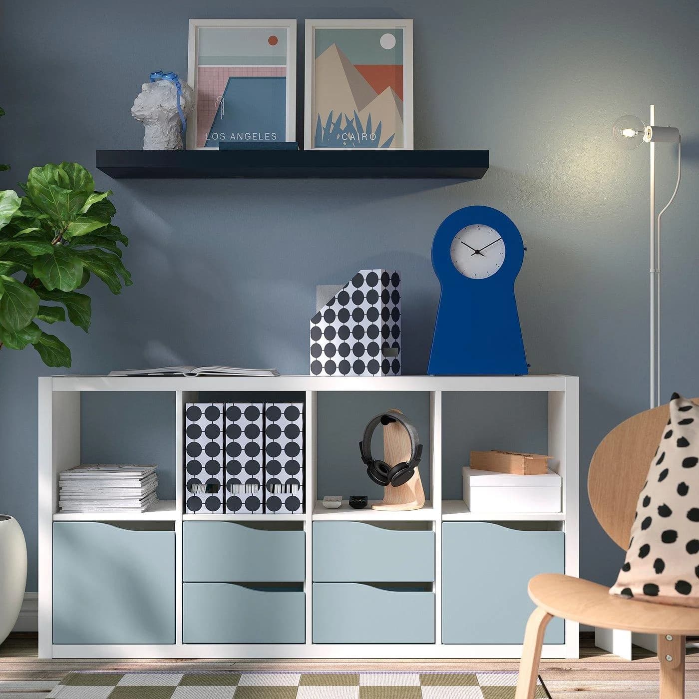 IKEA KALLAX Regal mit 2 Türen & 4 Schubladen Weiß/Hellgraublau