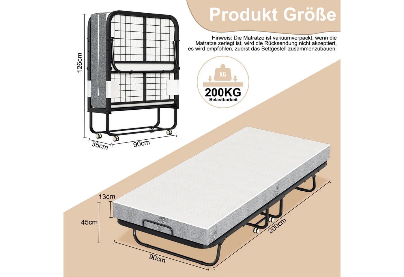 Clanmacy Gästebett Klappbar 13 cm Dicke Matratze 200x90cm