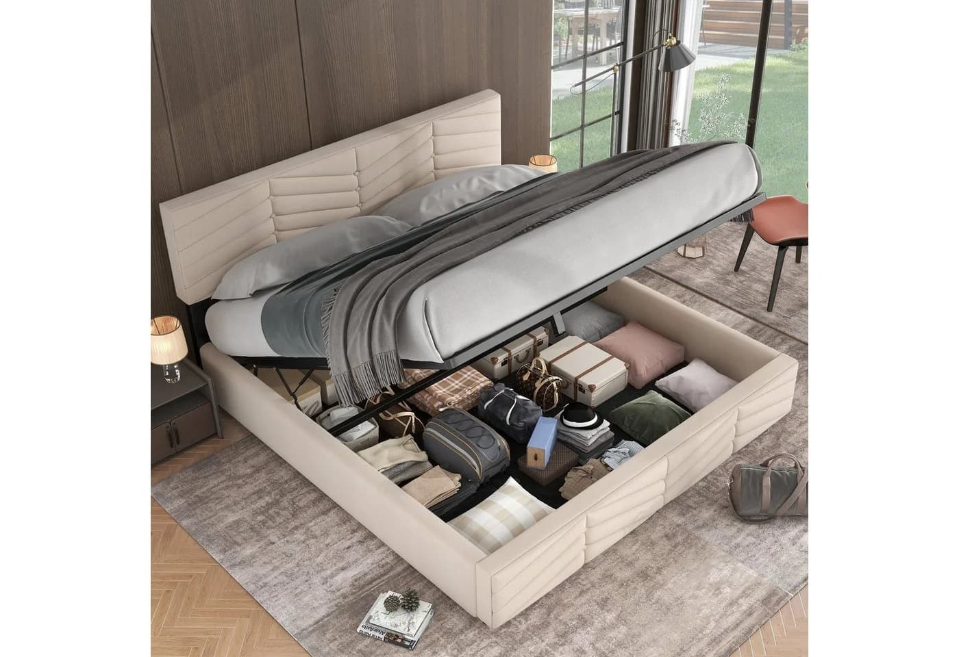 Odikalo Stauraumbett Polsterbett Samt Beige/Grau mit Lattenrost