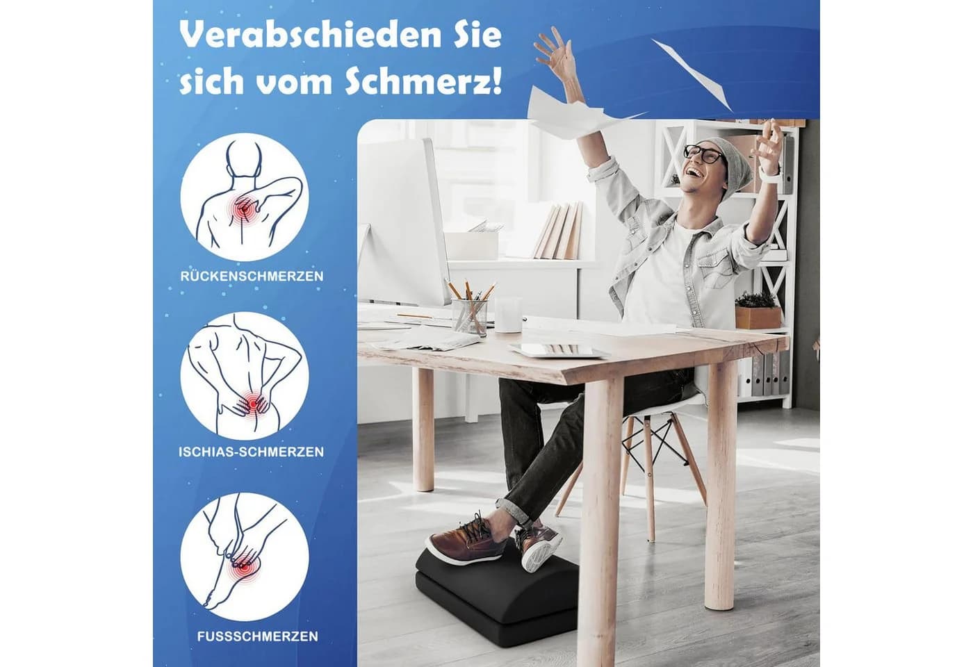 Happy Home Verstellbare Fußstütze mit waschbarem Bezug Schwarz