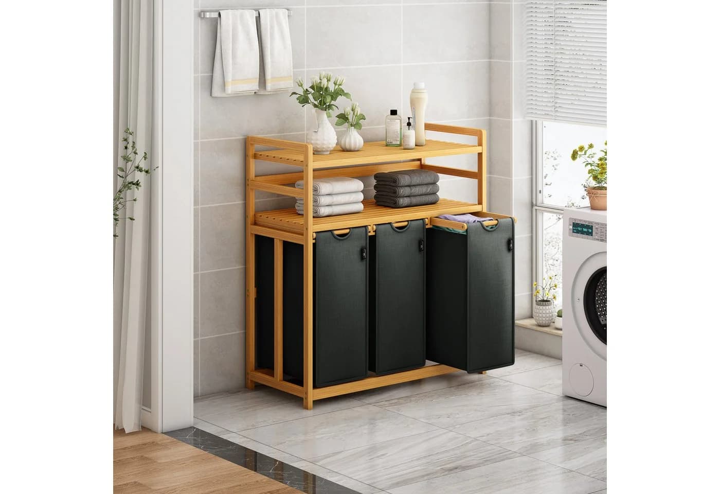 AdelDream Wäschekorb 150L Grau 3 Fächer Bambus Modern