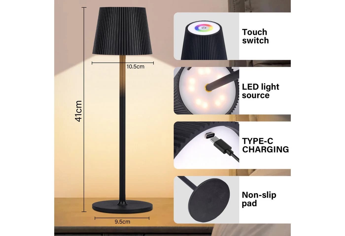 Kityhome Nachttischlampe 2Set LED-Tischlampen Dreifarbiges Dimmbares Licht 6000 mAh