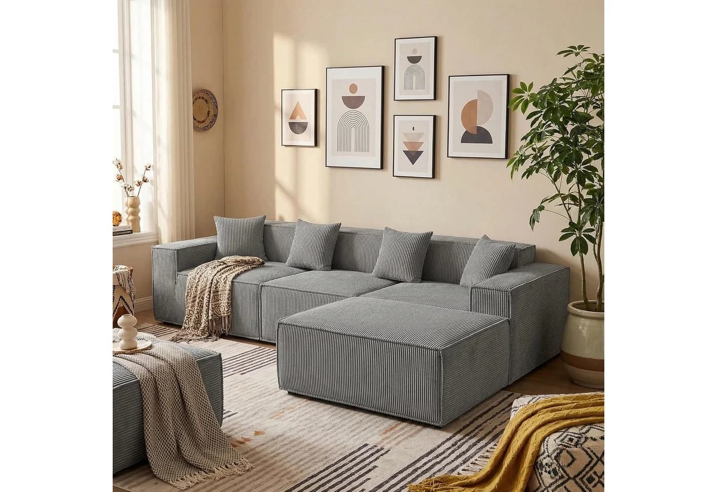Happy Home Ecksofa Cord mit Schlaffunktion Grau 3-Sitzer