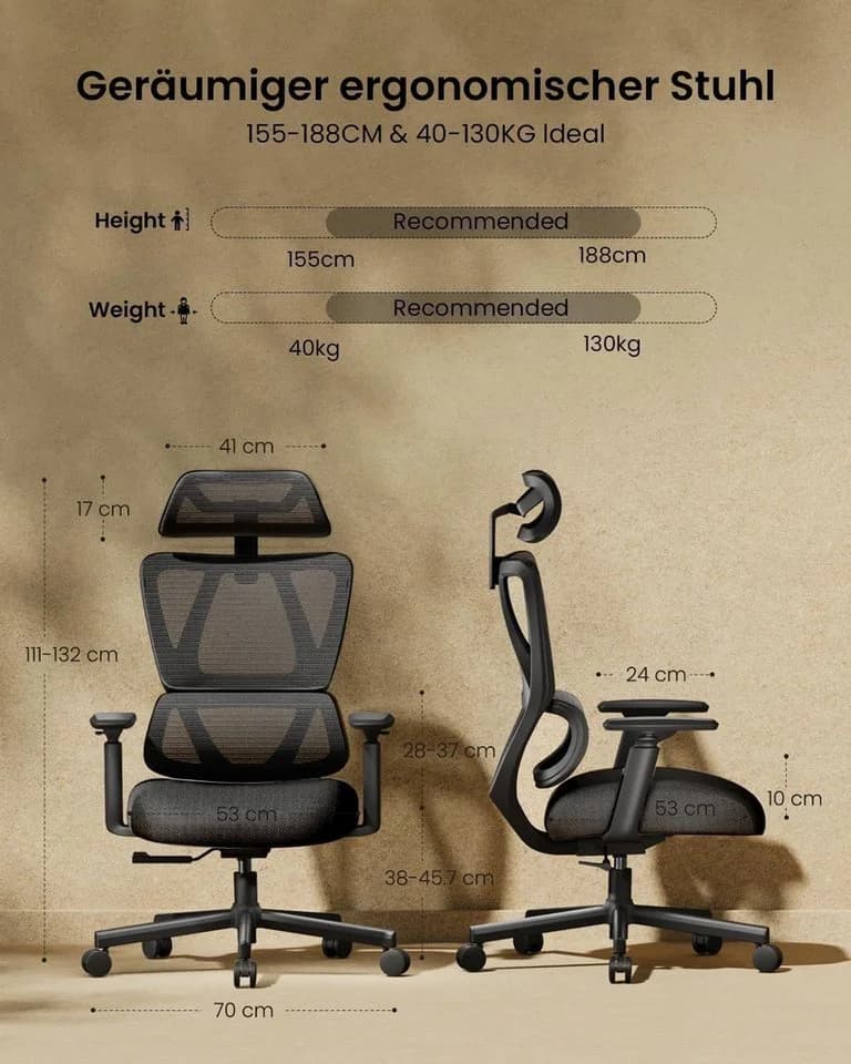 ProtoArc EC100 Bürostuhl Schwarz Ergonomisch Mesh mit Federkissen