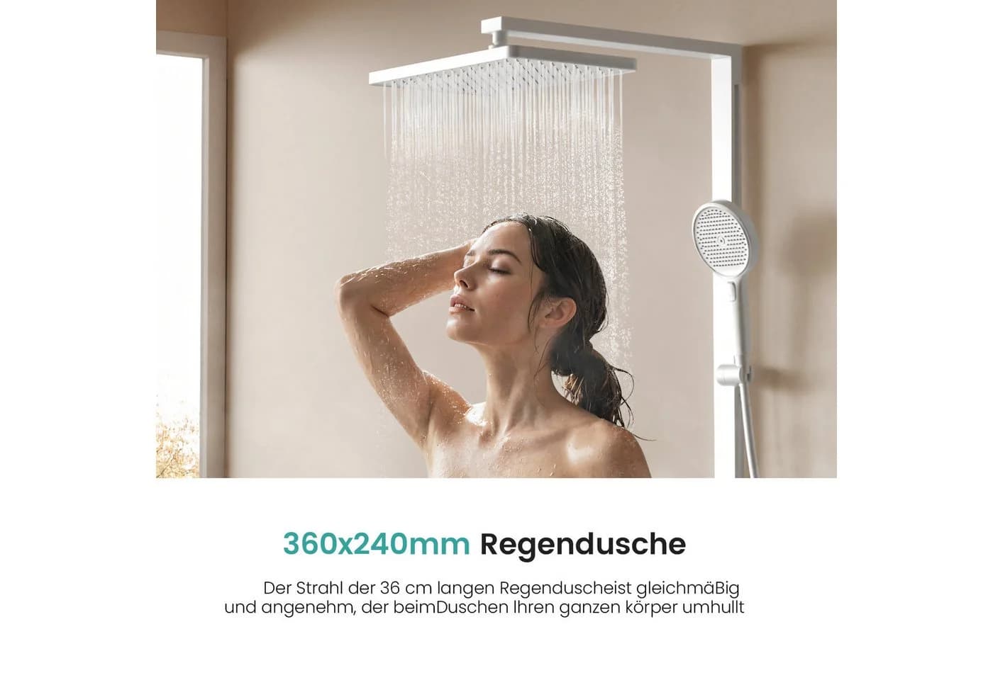 EMKE Duschsystem mit Thermostat, 4 Strahlarten, Regendusche 36x24cm, Glasablage